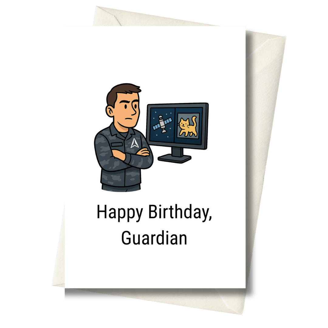 Greeting card with cartoon character looking at a computer screen displaying a cat and space-themed image, with 'Happy Birthday, Guardian' text.