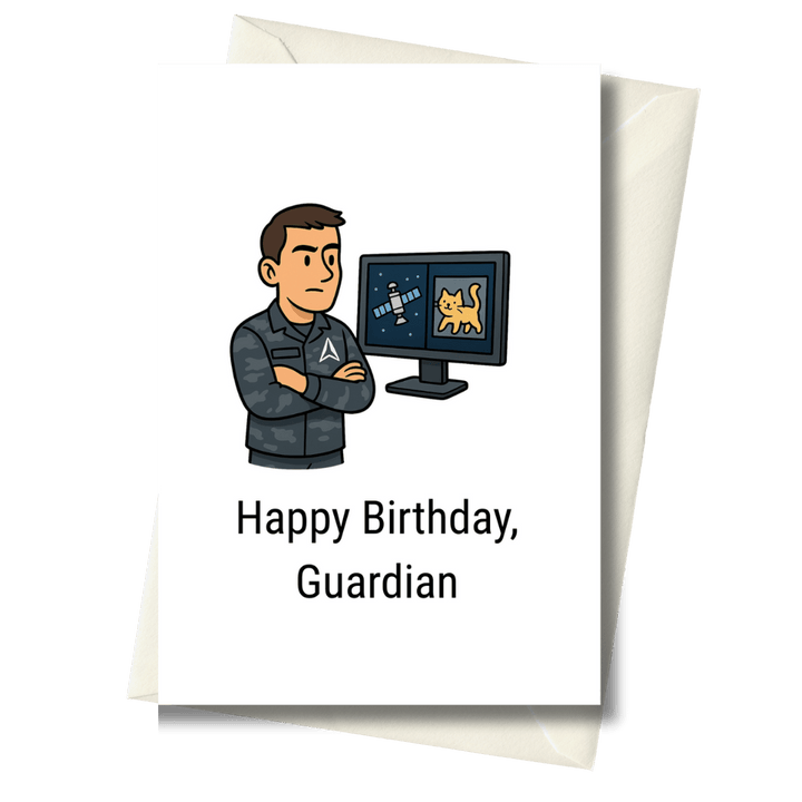 Greeting card with cartoon character looking at a computer screen displaying a cat and space-themed image, with 'Happy Birthday, Guardian' text.