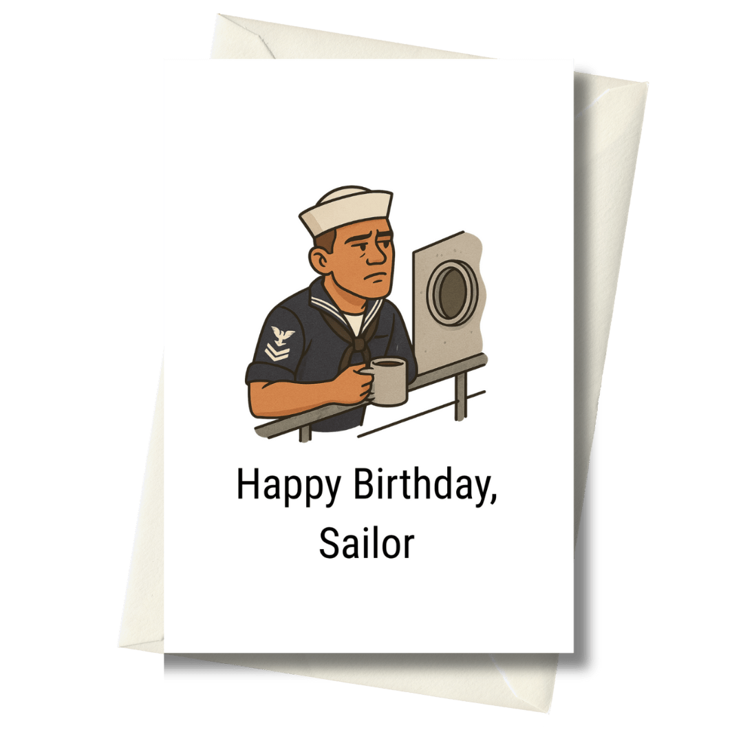 Birthday card with a sailor illustration and 'Happy Birthday, Sailor' text on a white background.