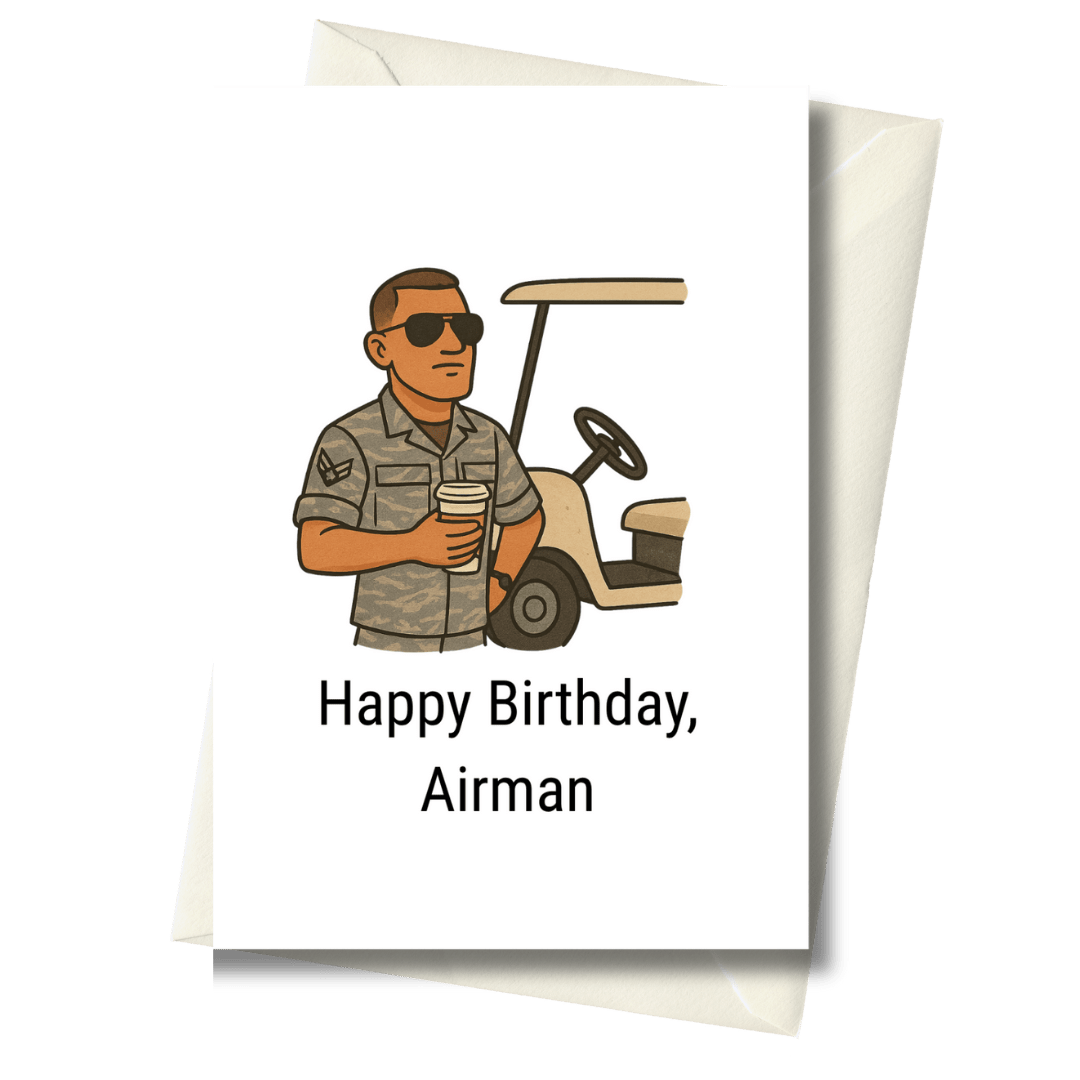 Greeting card with a cartoon airman holding a coffee cup and text 'Happy Birthday, Airman' on a white background.