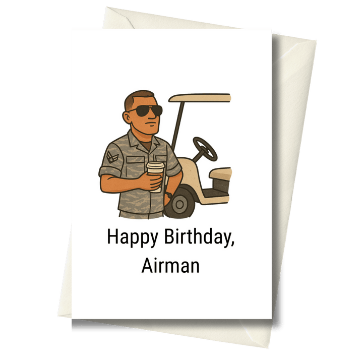 Greeting card with a cartoon airman holding a coffee cup and text 'Happy Birthday, Airman' on a white background.