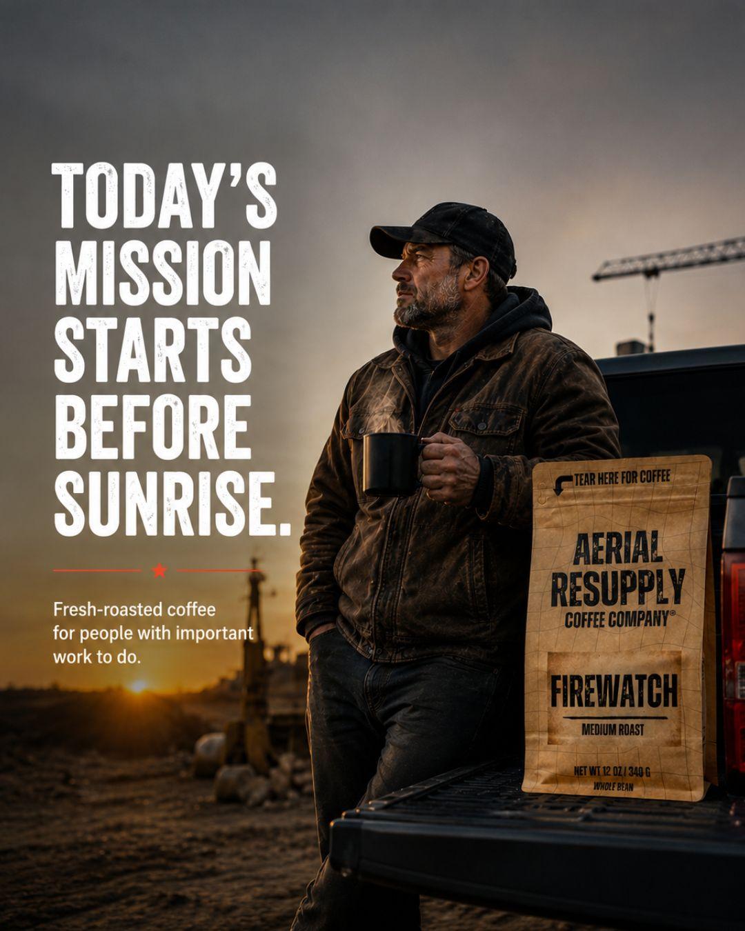 A man standing by a truck with white text and a bag of coffee
