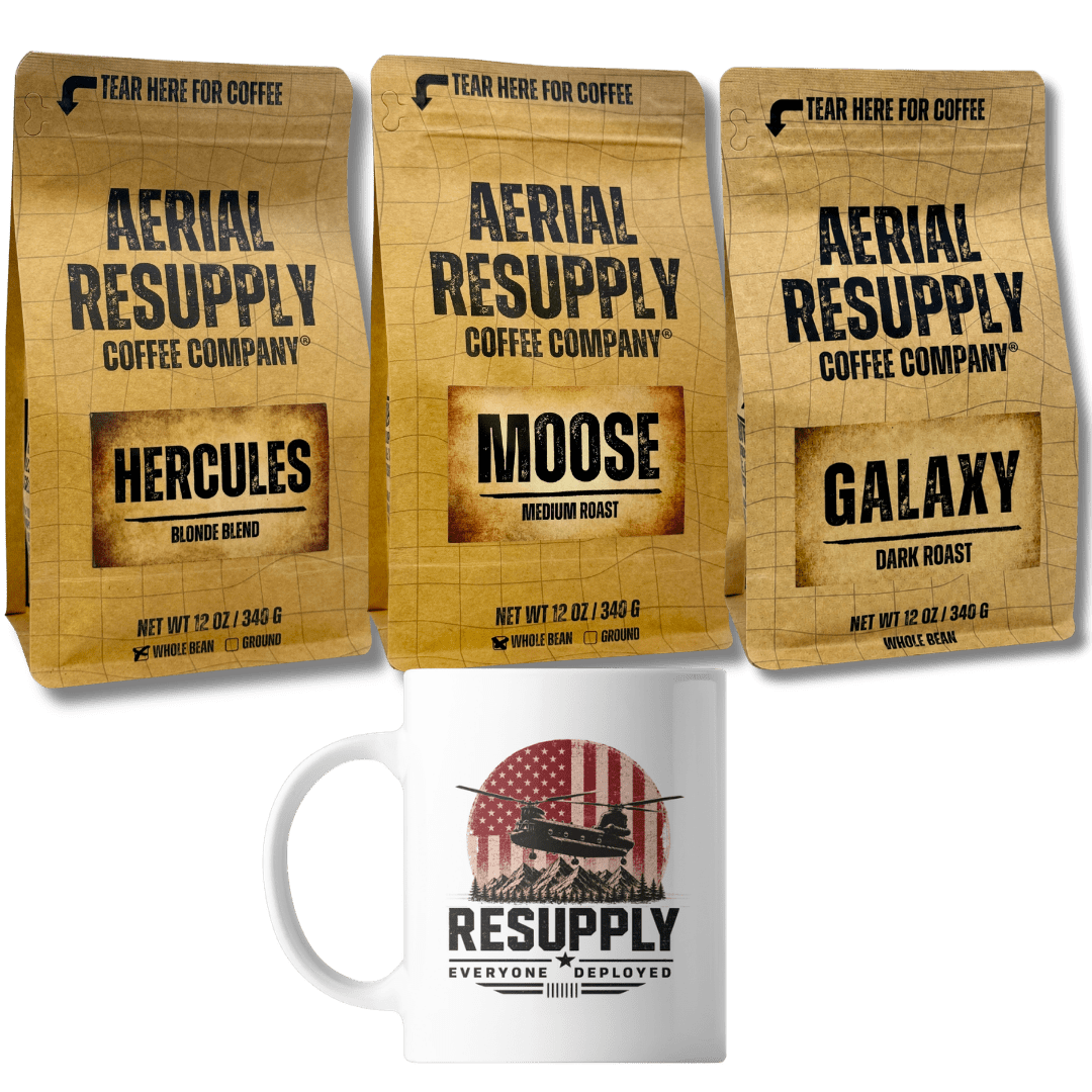 Three bags of Aerial Resupply Coffee Company coffee roasts (Hercules, Moose, Galaxy) are shown above a white ceramic mug printed with the Resupply logo.