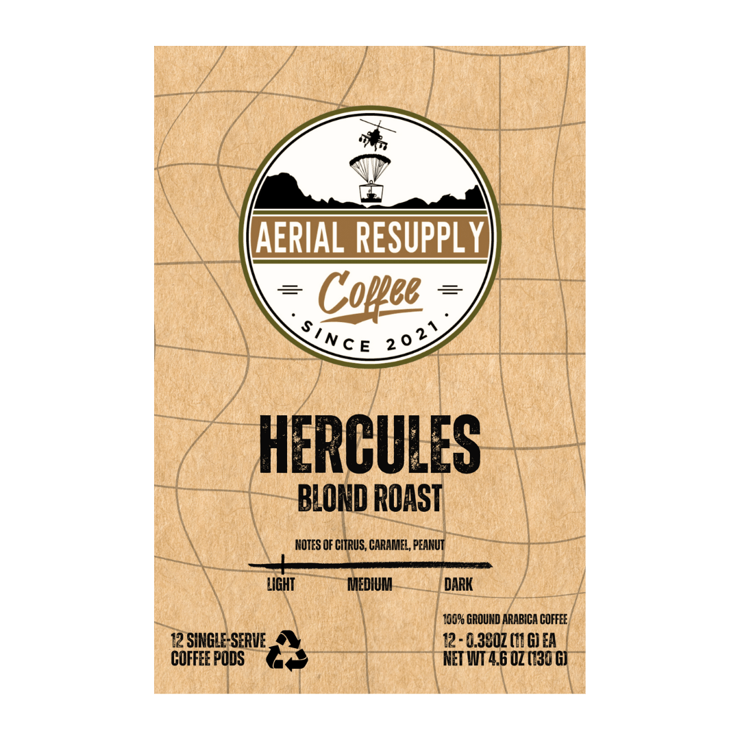 Hercules blond light roast from Aerial Resupply Coffee premium and gourmet single serving pod K-cup twelve count box of brazilian and robusta bean coffee. Buy online or in our store in Charlottesville Virginia