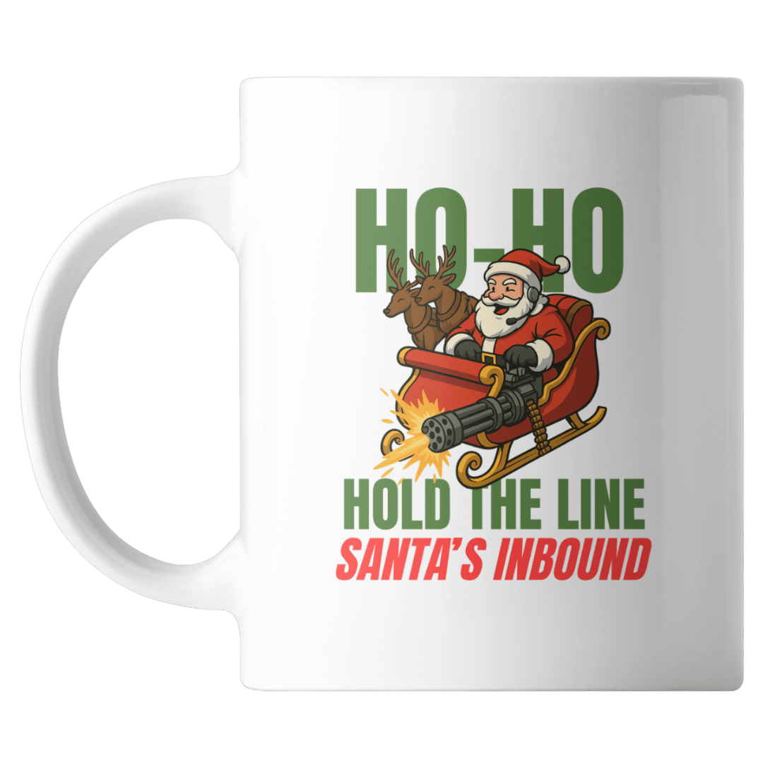 White mug with Santa Claus graphic and text 'Ho-Ho Hold the Line Santa's Inbound' on a white background