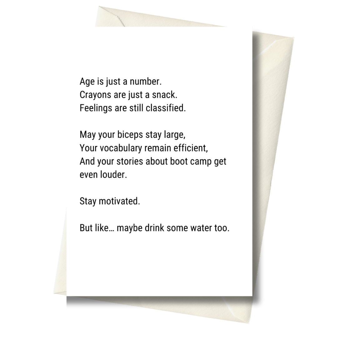 Greeting card with humorous text on a white background