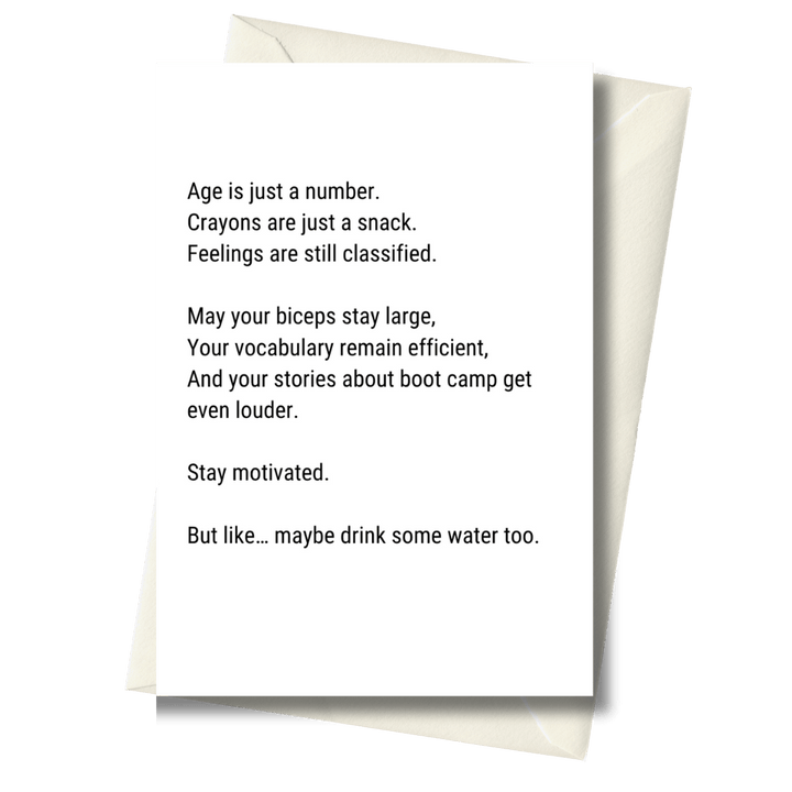 Greeting card with humorous text on a white background