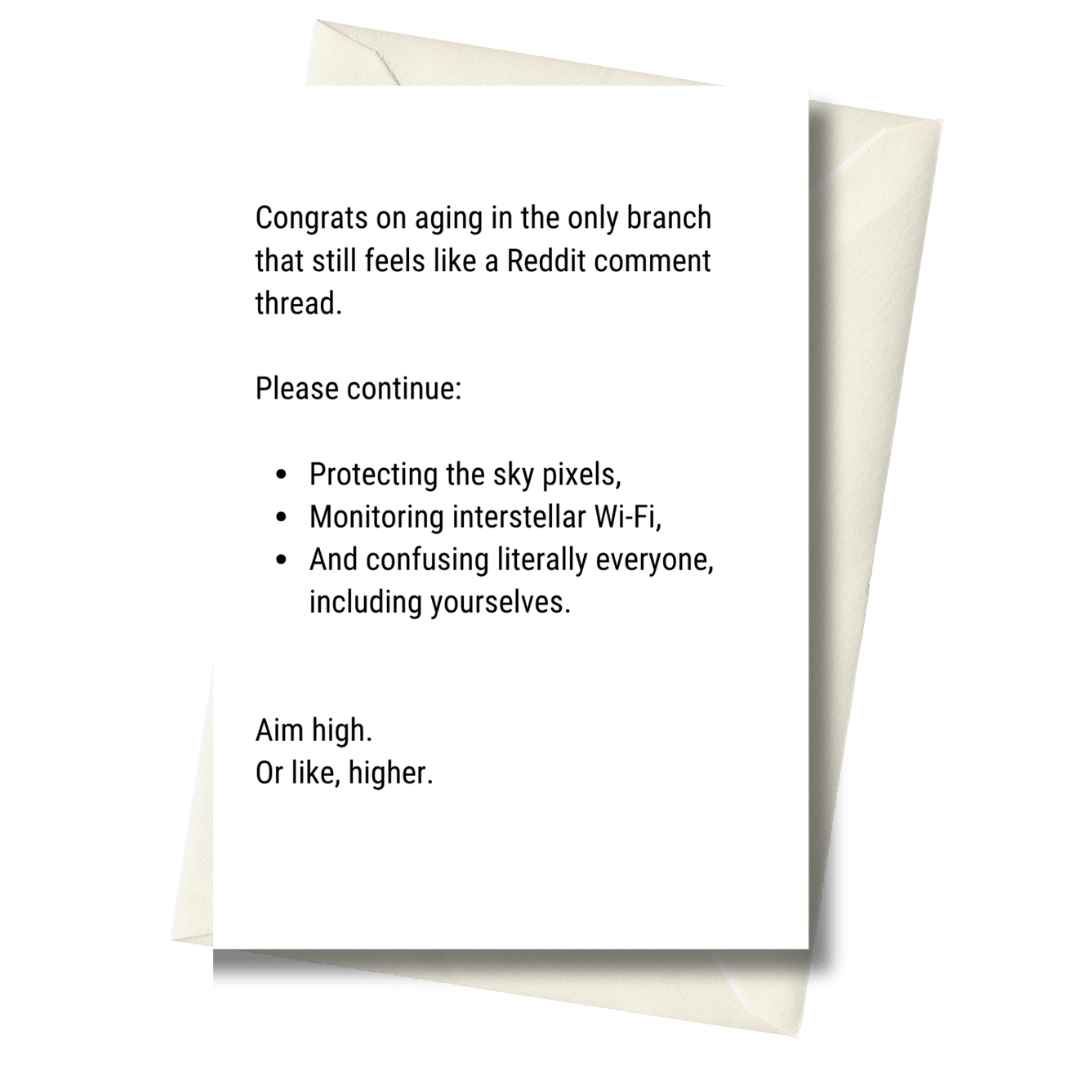 Greeting card with humorous text on a white background