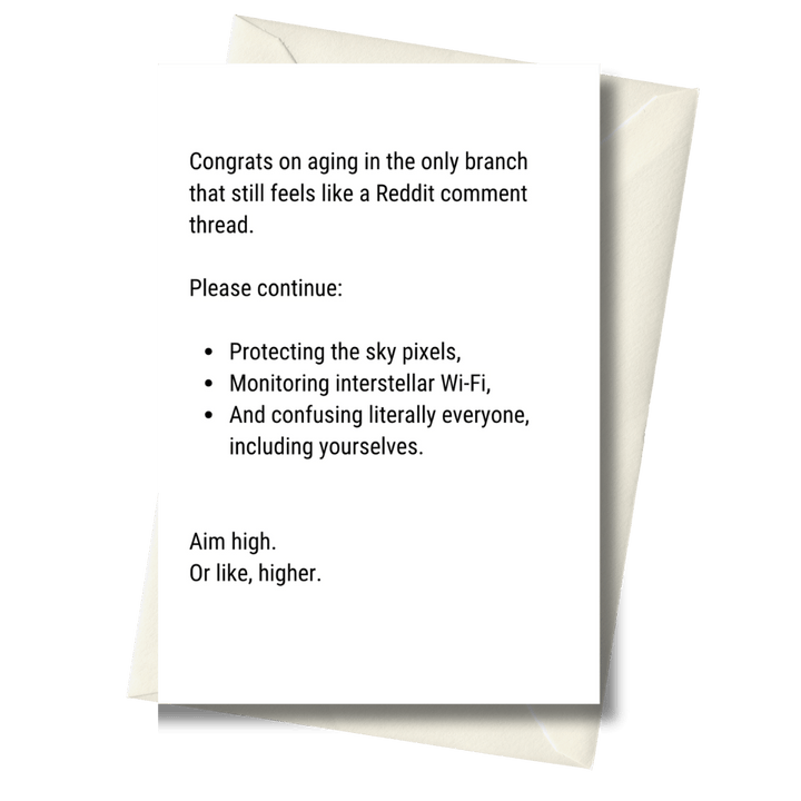 Greeting card with humorous text on a white background