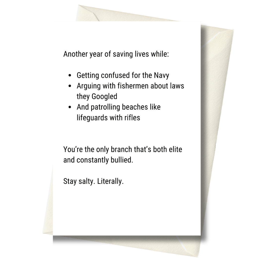 Card with humorous text about a person's year of service, featuring a white background and black text.