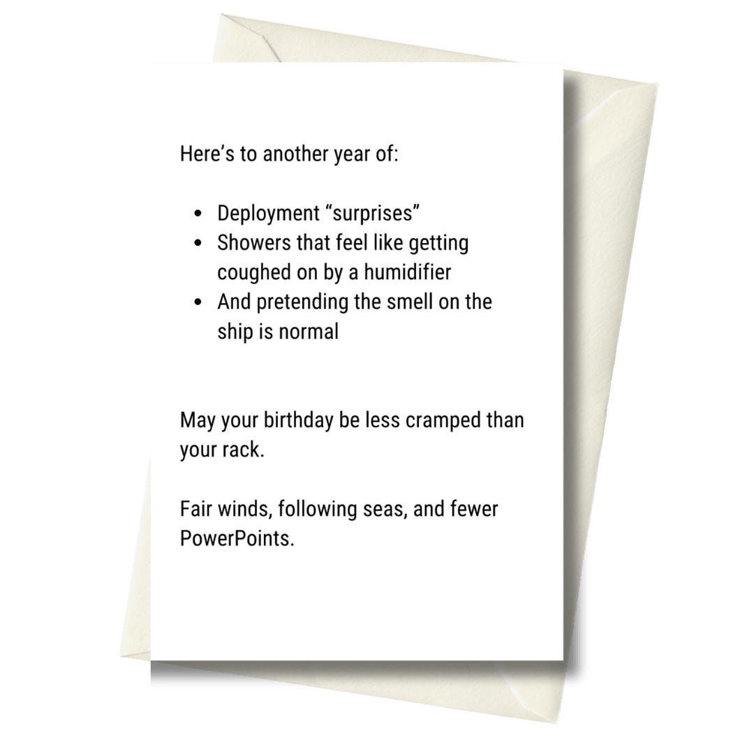 Greeting card with humorous text about deployment experiences on a white background