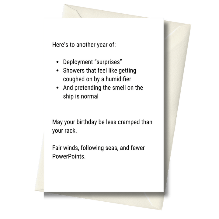 Greeting card with humorous text about deployment experiences on a white background