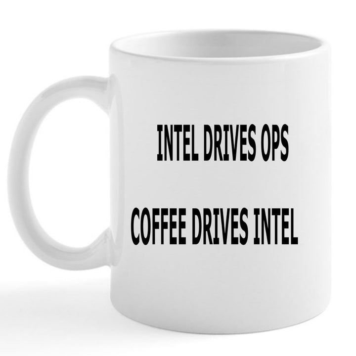 The Intel Drives Operations 15 ounce ceramic mug from Aerial Resupply Coffee. Veteran-owned.