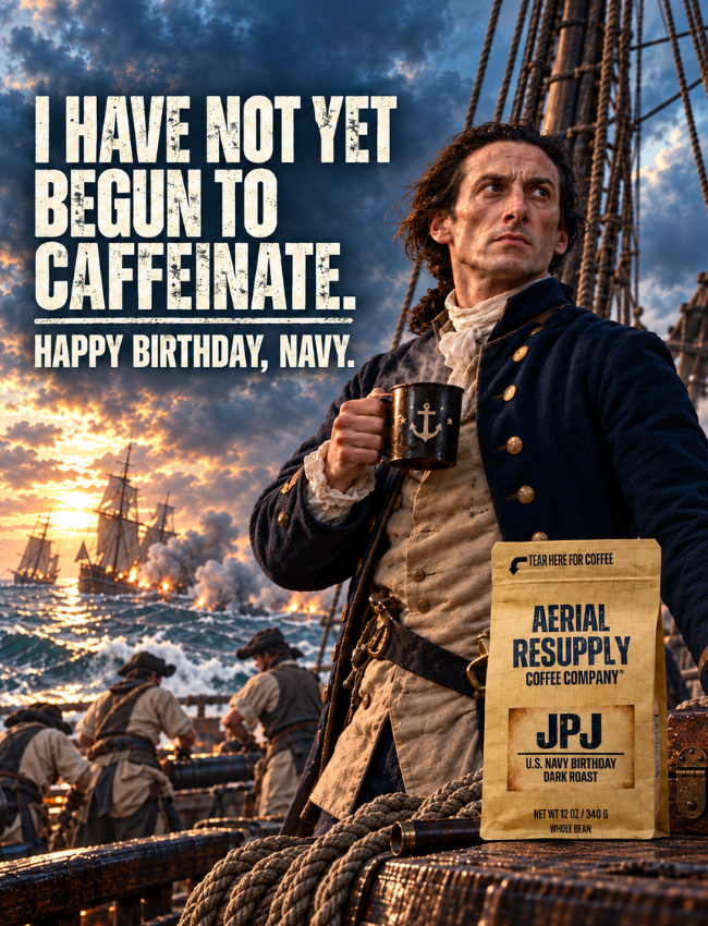 A man holding a coffee cup on a boat with a promotional bag of coffee titled JPJ