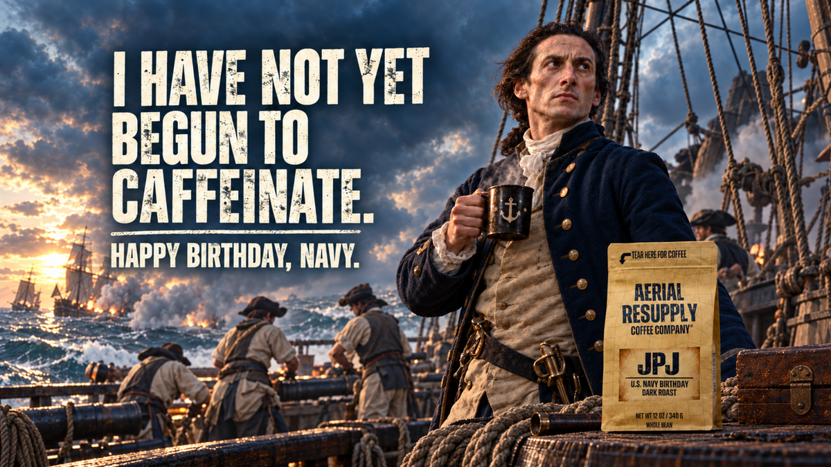 A promotional product image for JPJ Coffee Company featuring a vintage-style birthday message for the U.S.