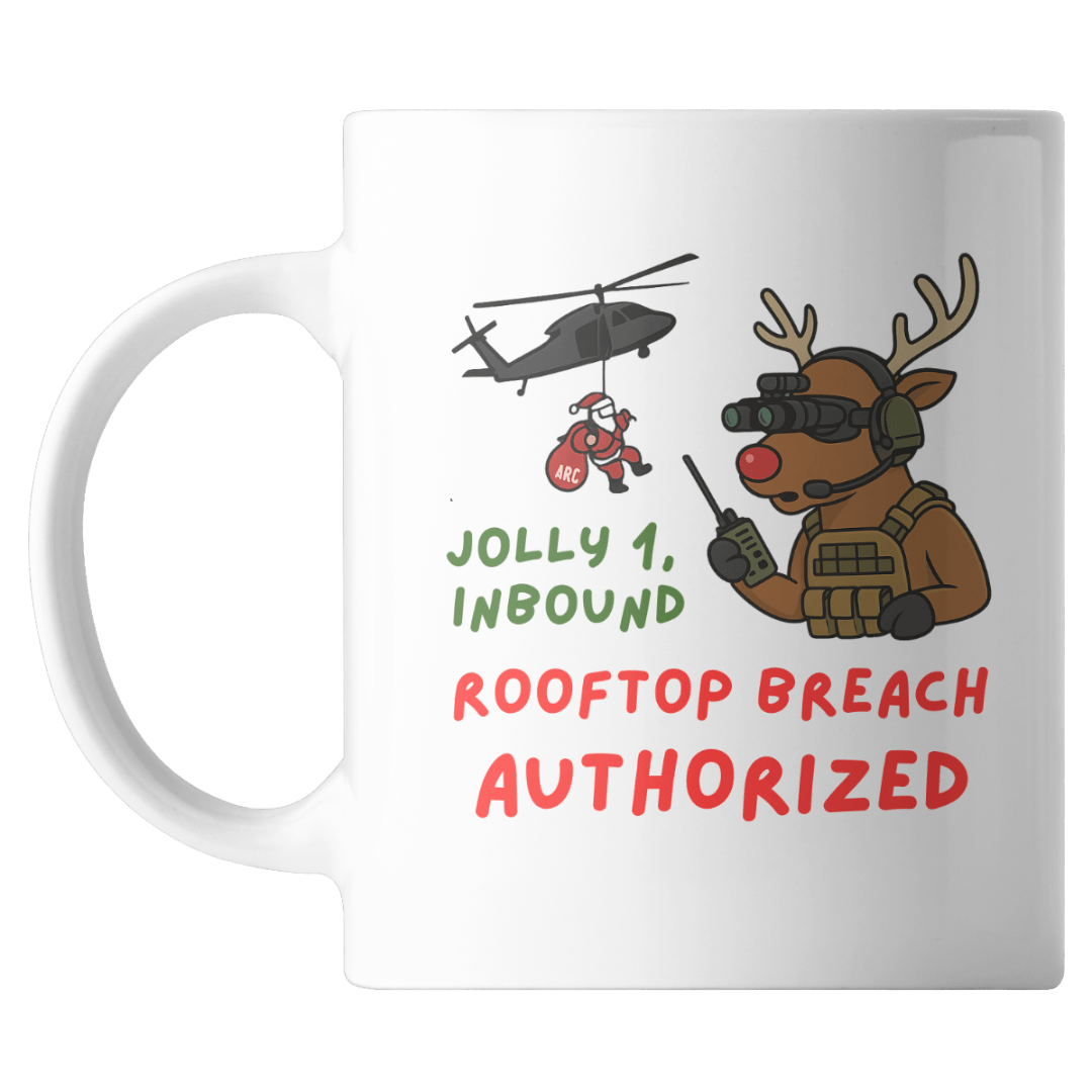 Mug with a reindeer in tactical gear and text on a white background