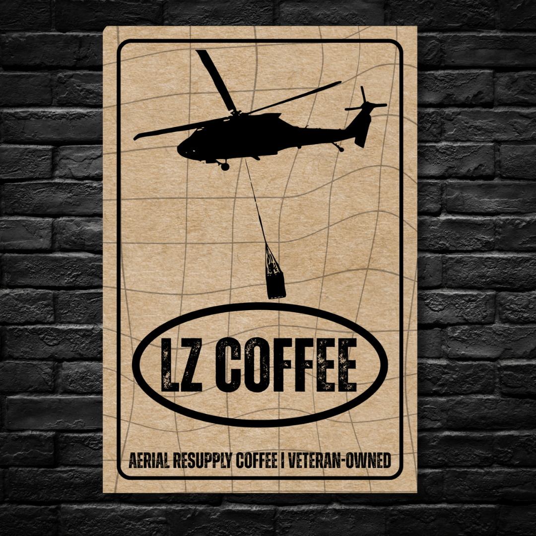 LZ Coffee sign with helicopter graphic on a brick wall background