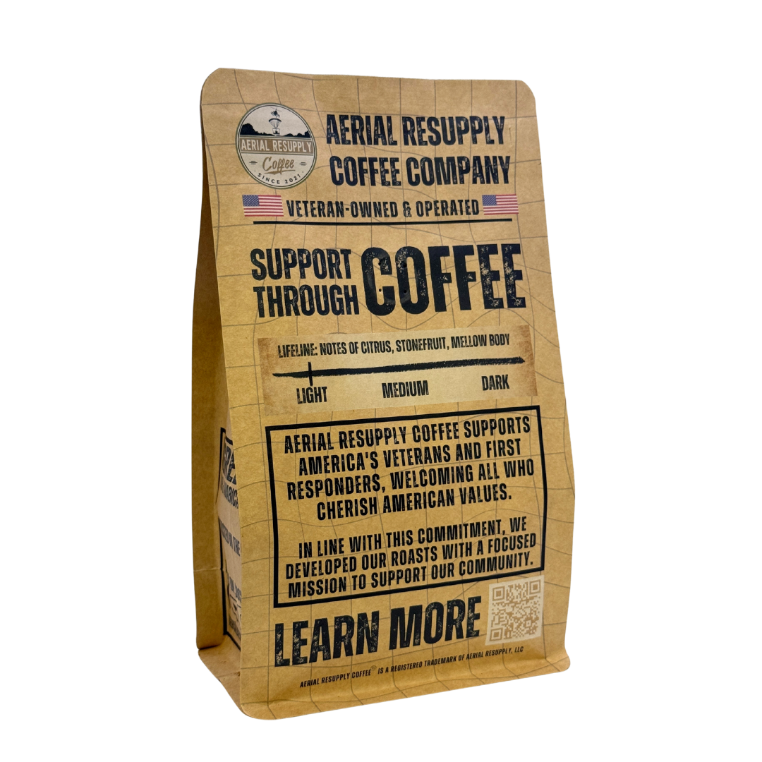 Aerial Resupply Coffee Company coffee bag on a white background