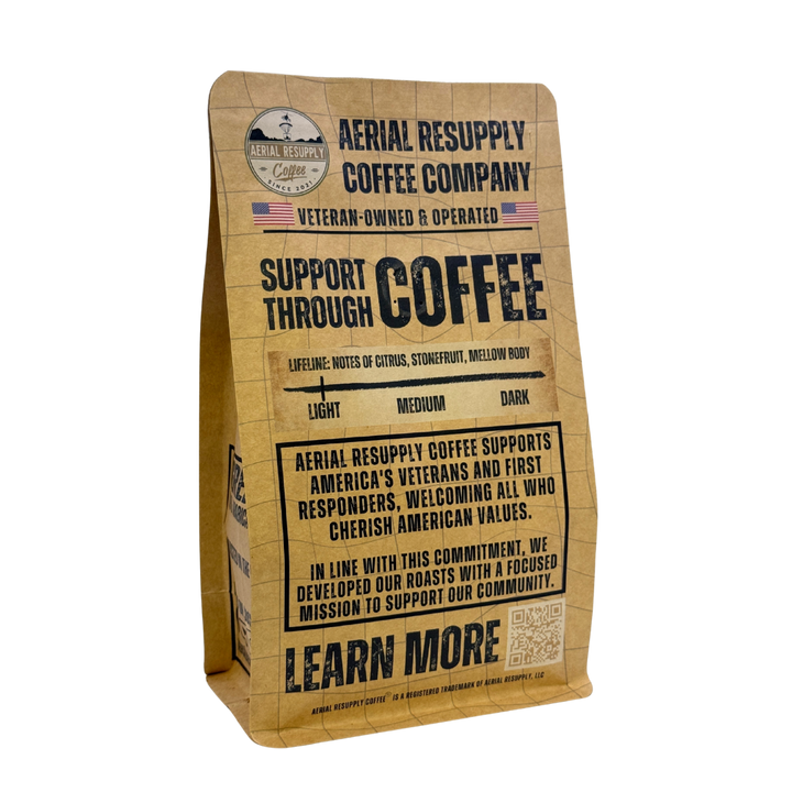 Aerial Resupply Coffee Company coffee bag on a white background