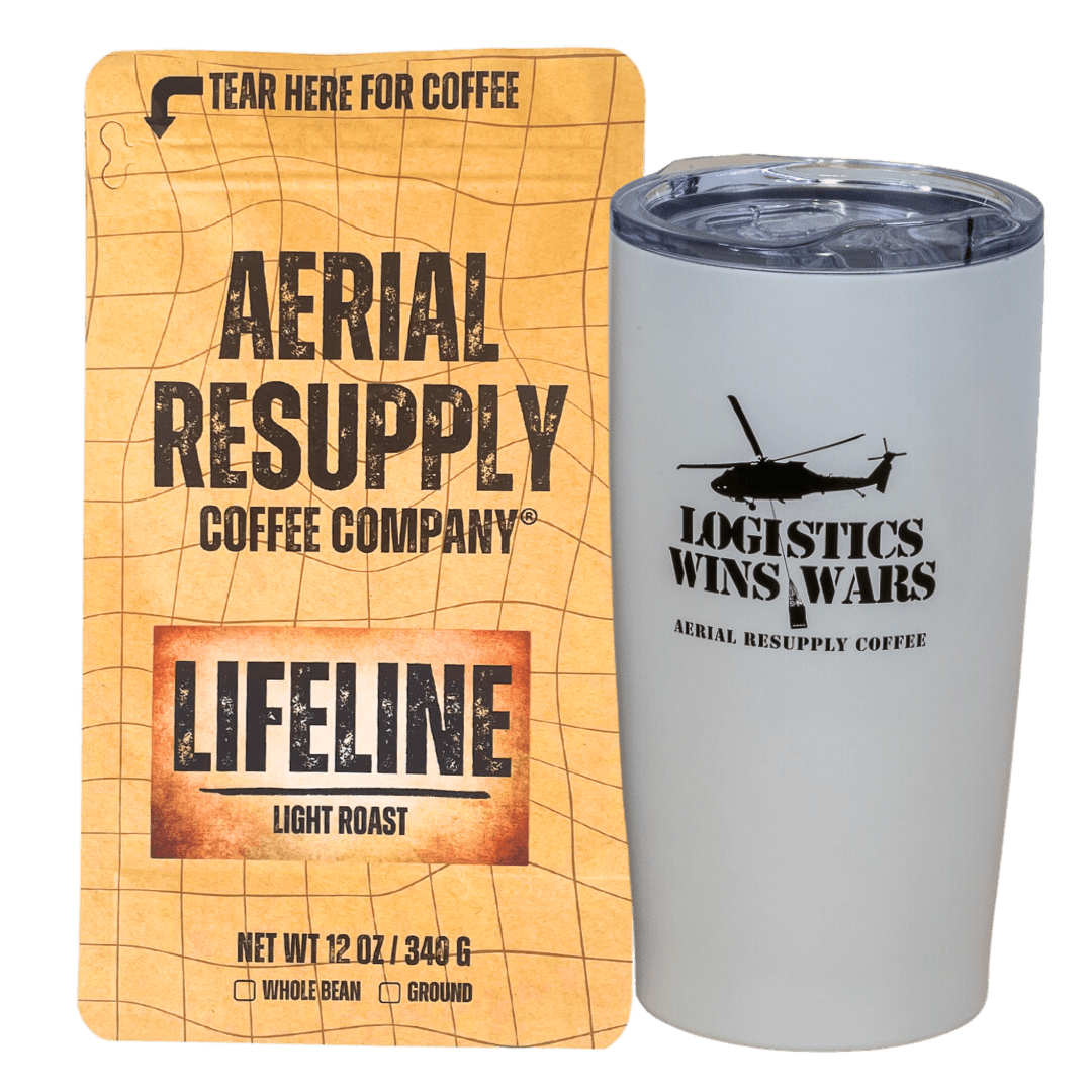 Lifeline Colombian Light Roast Coffee and white logistics wins wars tumbler with Aerial Resupply Coffee logo. Buy now online twelve ounce bag or in our store in Charlottesville Virginia