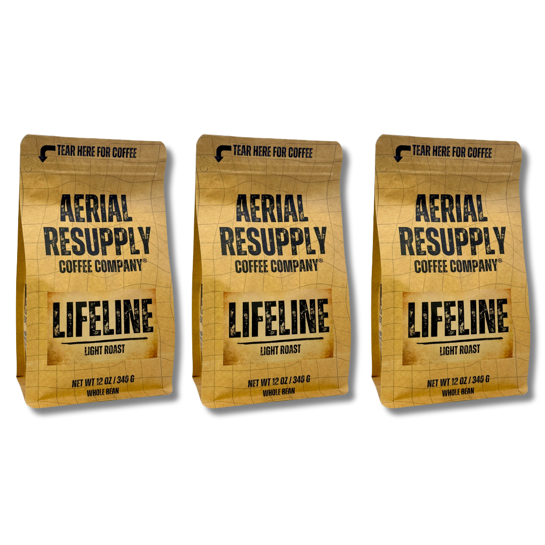 Three bags of Aerial Resupply Coffee Company Lifeline Light Roast coffee on a white background.