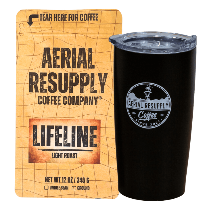 Lifeline Colombian Light Roast Coffee and black logo  tumbler with Aerial Resupply Coffee logo. Buy now online twelve ounce bag or in our store in Charlottesville Virginia