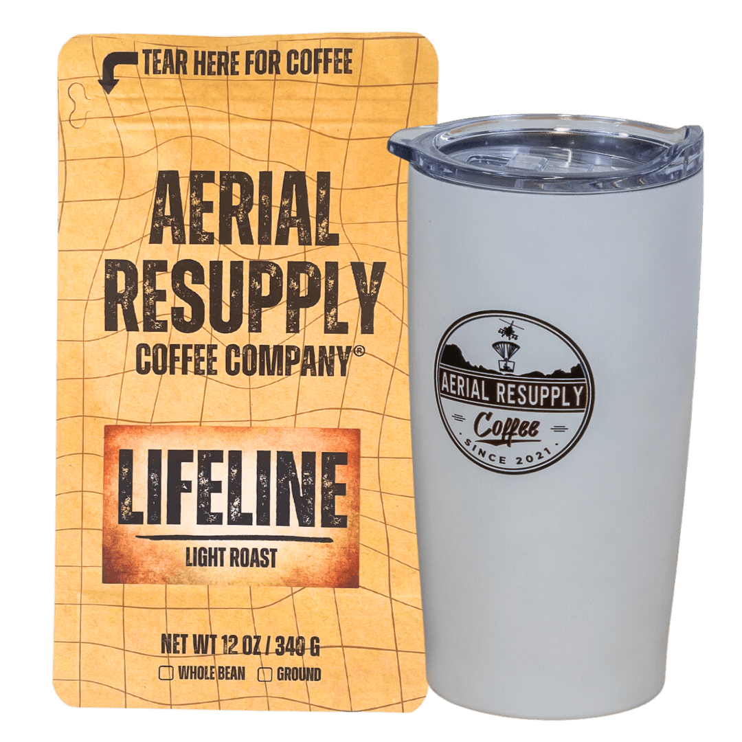 Lifeline Colombian Light Roast Coffee and white tumbler with Aerial Resupply Coffee logo. Buy now online twelve ounce bag or in our store in Charlottesville Virginia