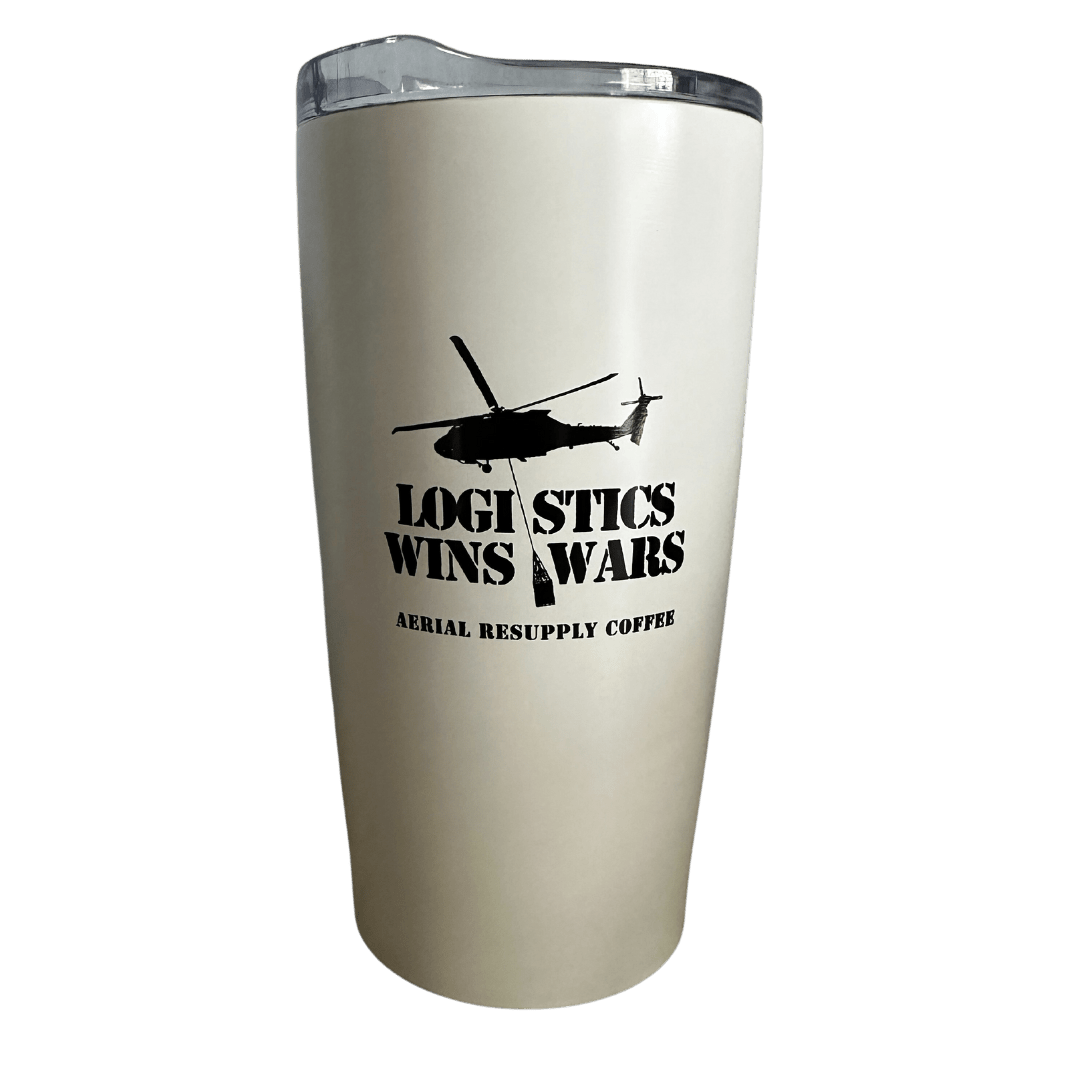 Aerial Resupply Coffee 20 ounce Logistics Wins Wars Stainless Steel Tumbler with Slidelock Lid