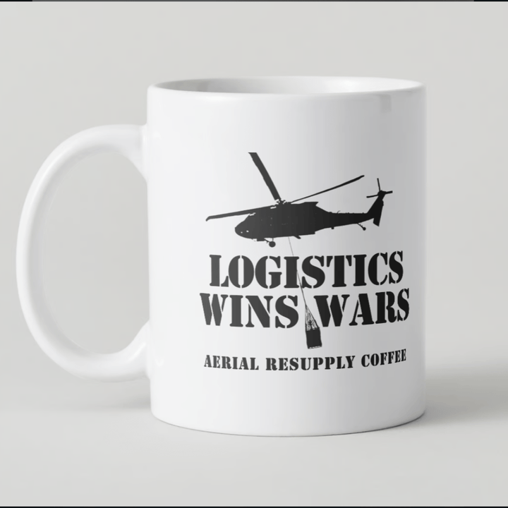 The logistics wins wars 15 ounce ceramic white mug from Aerial Resupply Coffee. Veteran-owned.