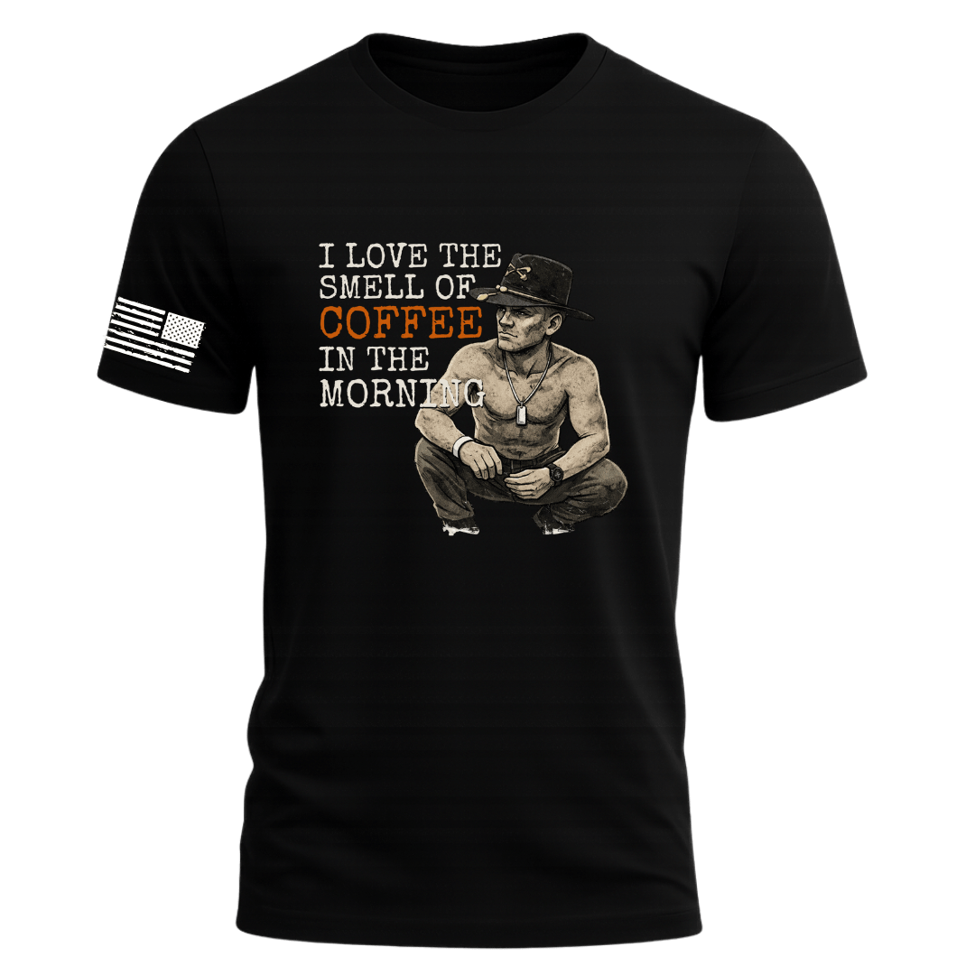 Black t-shirt with graphic design and text on a white background