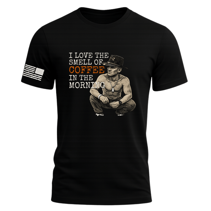 Black t-shirt with graphic design and text on a white background