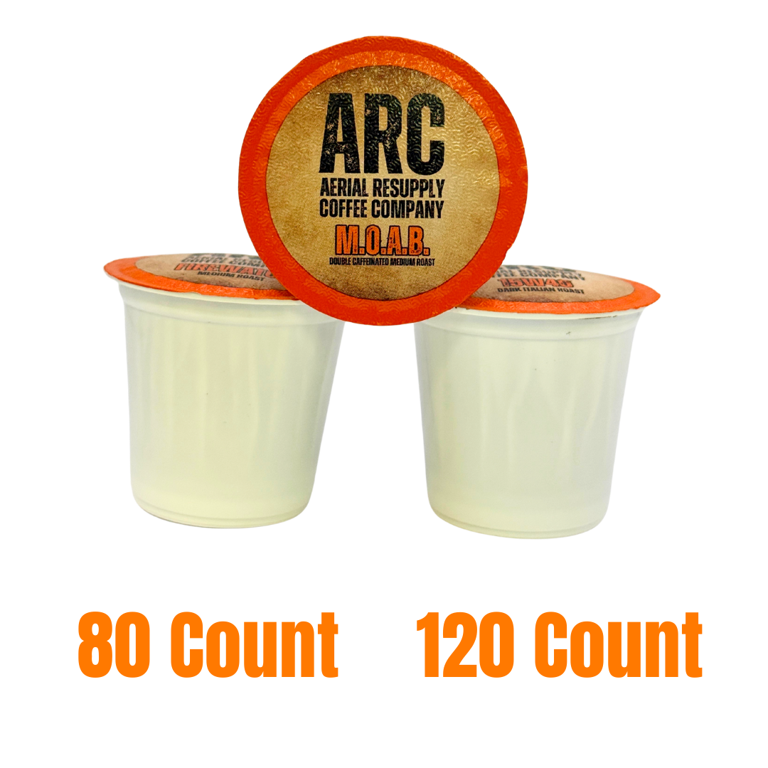 Two coffee pods with 'ARC Aerial Resupply Coffee Company' branding on a white background.
