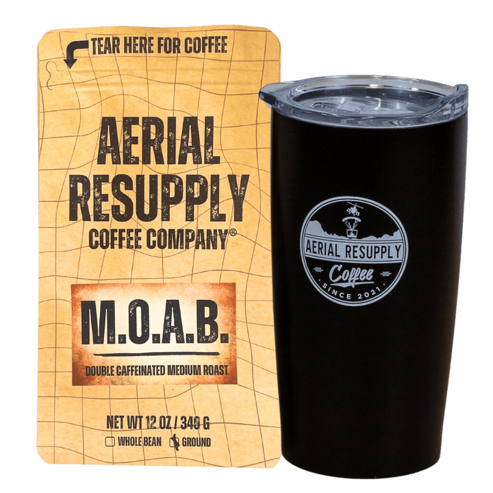 MOAB Double Caffeinated Medium roast robusta whole bean or preground coffee with Black Logo Tumbler. Buy now online or on at our store in Charlottesville virginia