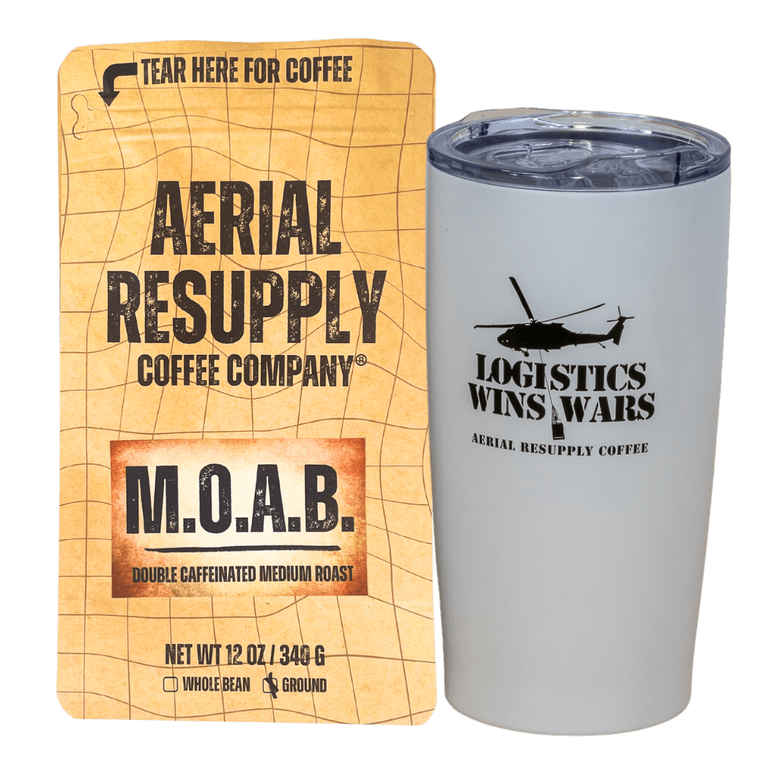 MOAB Double Caffeinated Medium roast robusta whole bean or preground coffee with White Logistics Wins Wars Tumbler. Buy now online or on at our store in Charlottesville virginia