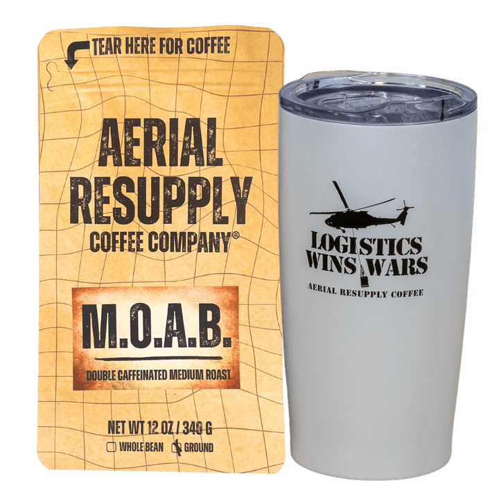 MOAB Double Caffeinated Medium roast robusta whole bean or preground coffee with White Logistics Wins Wars Tumbler. Buy now online or on at our store in Charlottesville virginia