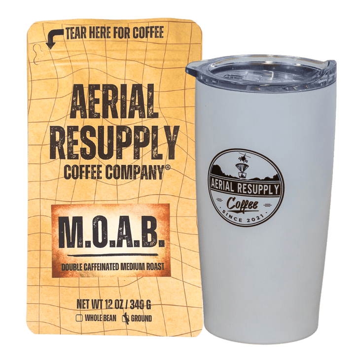 MOAB Double Caffeinated Medium roast robusta whole bean or preground coffee with White Logo Tumbler. Buy now online or on at our store in Charlottesville virginia