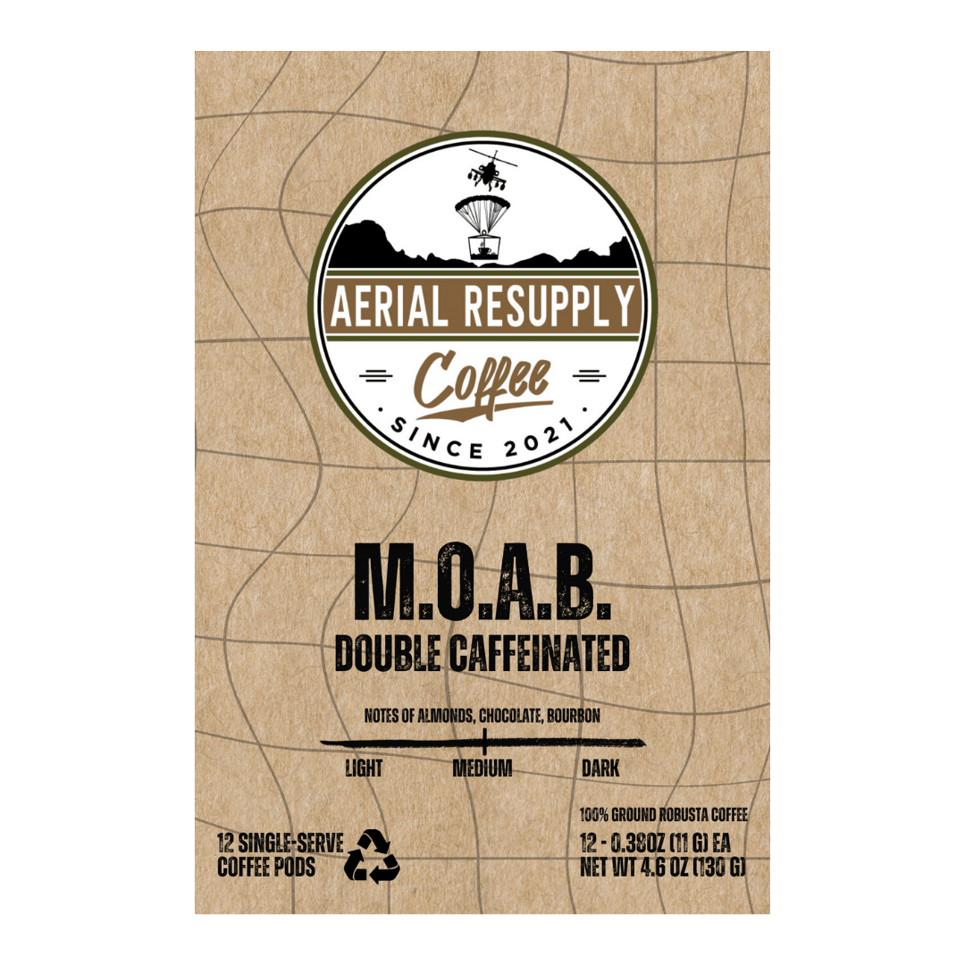 MOAB Double Caffeinated medium roast robusta bean premium coffee from aerial resupply coffee single serving pods k-cups