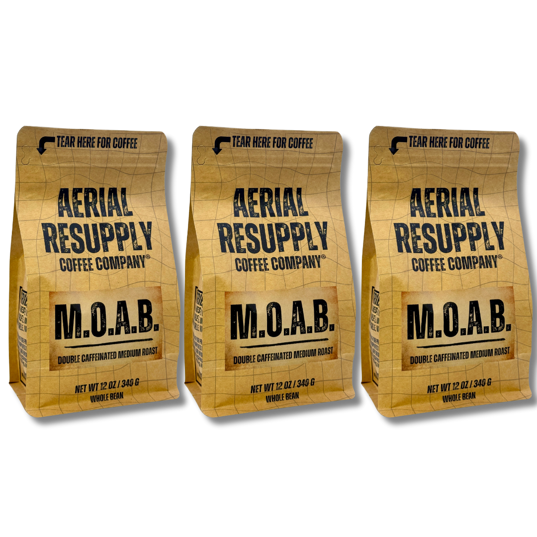 Three coffee bags from Aerial Resupply Coffee Company on a white background