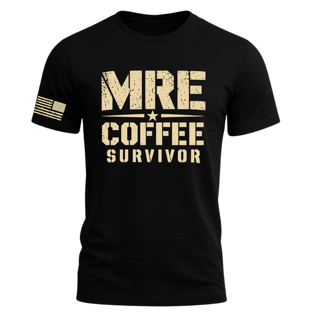 A black short-sleeve crewneck t-shirt with a distressed tan graphic on the front reading 'MRE COFFEE SURVIVOR' and a small tan American flag print on the right sleeve, shown on a plain white background.