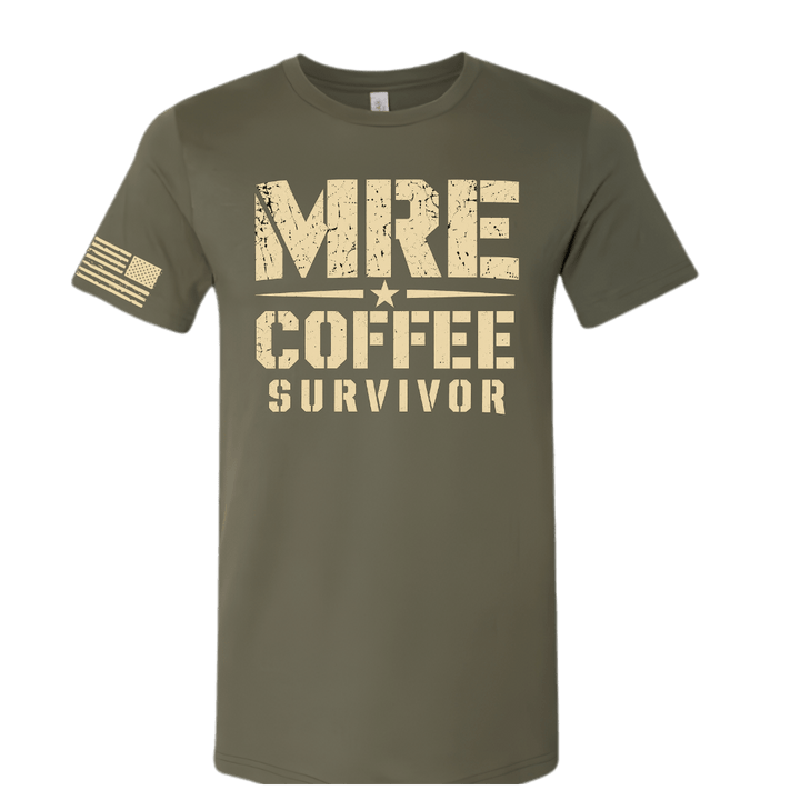 An olive green crewneck t-shirt with a distressed beige graphic on the front reading 'MRE COFFEE SURVIVOR' and a small distressed American flag on the right sleeve, shown against a plain white background.