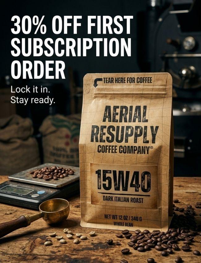 Aerial Resupply Coffee Company package on a wooden surface with coffee beans and a coffee grinder, promotional text for subscription offer.