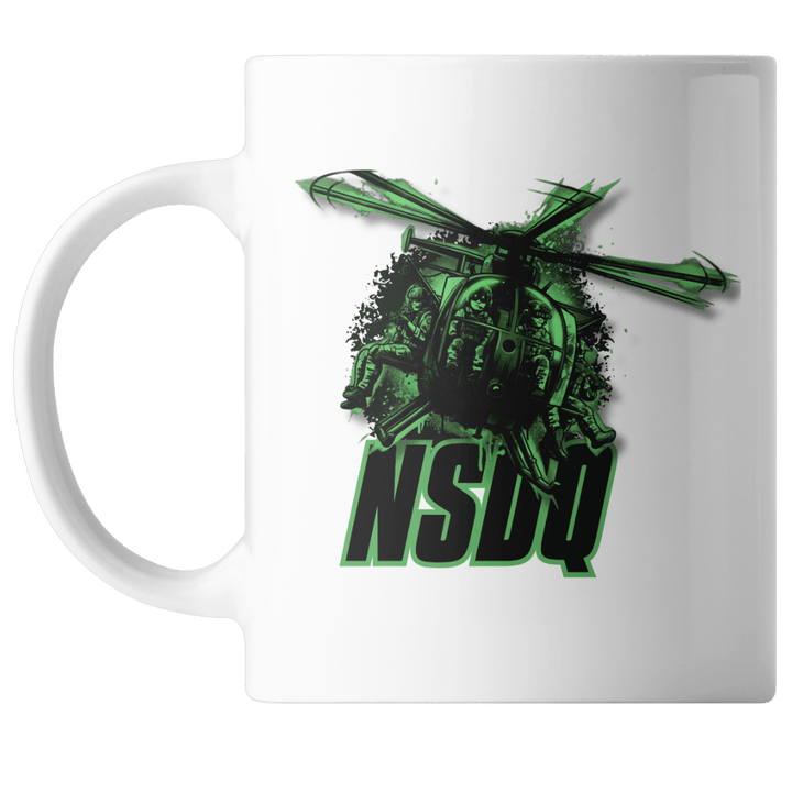 A black helicopter with soldiers on a white background and green text that says NDSQ
