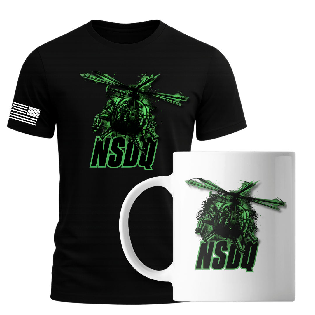 Black t-shirt and white mug with green graphic design on a white background
