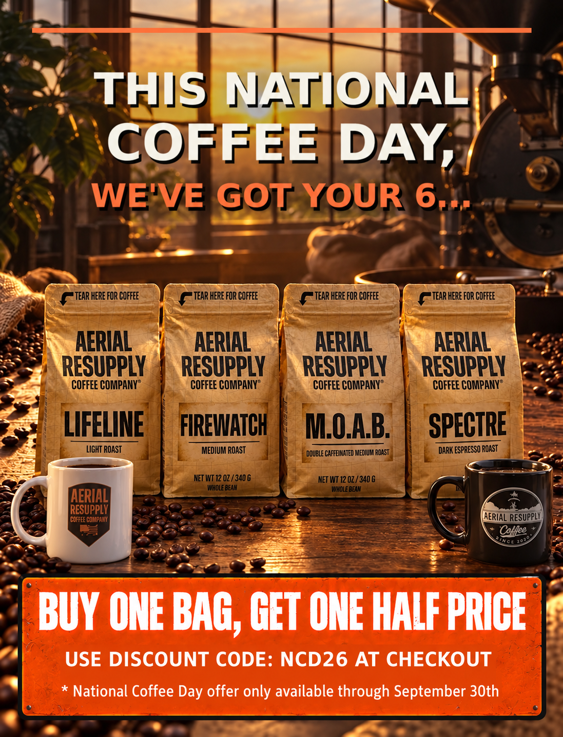 4 bags of coffee witha mug for national coffee day and a discount code