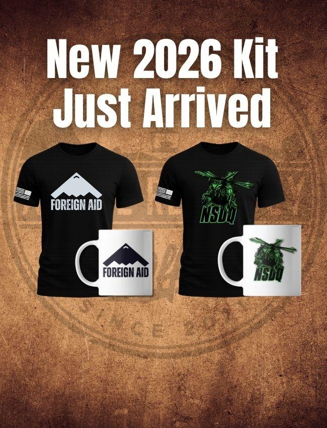 Two black t-shirts and two mugs with 'Foreign Aid' and 'NSDU' logos on a brown background.