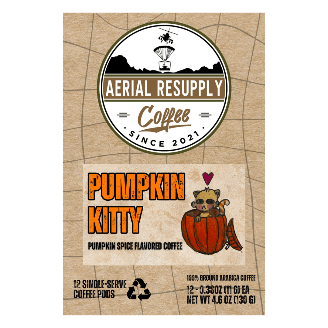 Pumpkin Spice single serving pods from Aerial resupply Coffee Pumpkin Kitty flavored coffee buy now online or at our store in Charlottesville Virginia