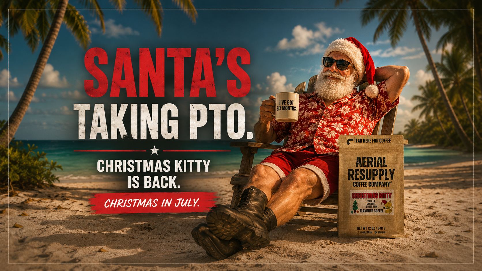 Santa Claus relaxing on a beach with coffee, surrounded by palm trees and text about Christmas in July.