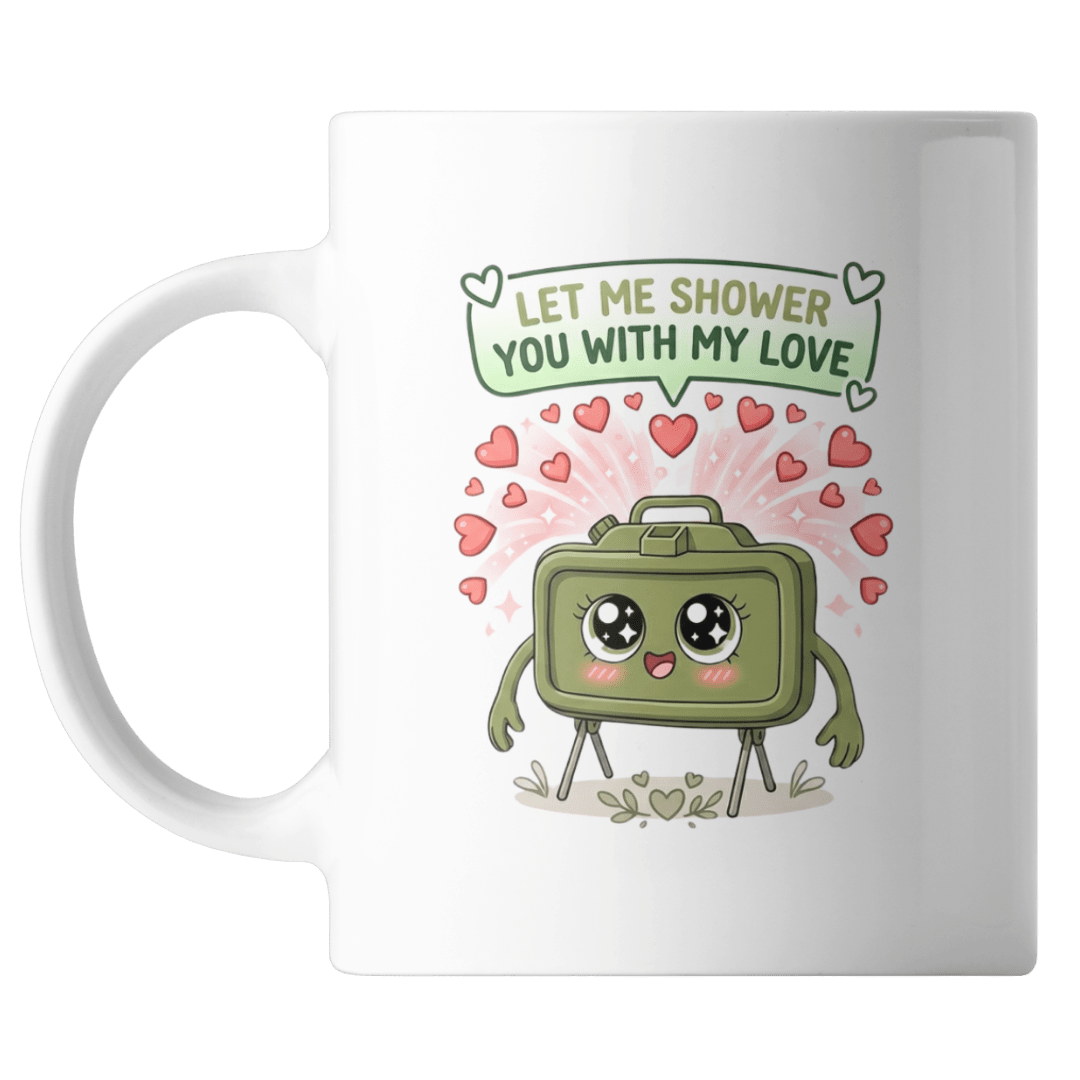 White mug with a green shower head design and text 'Let me shower you with my love' on a white background