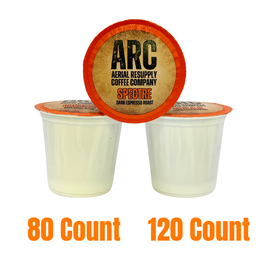 Two coffee pods with 'ARC Aerial Resupply Coffee Company' branding on a white background.