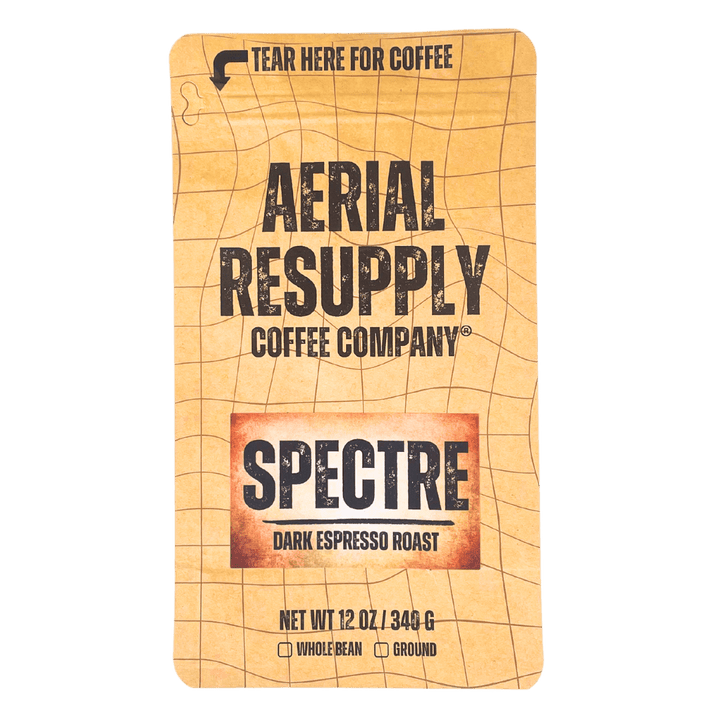 Spectre Dark Espresso Roast whole bean and preground premium coffee from Aerial Resupply Coffee. Buy online